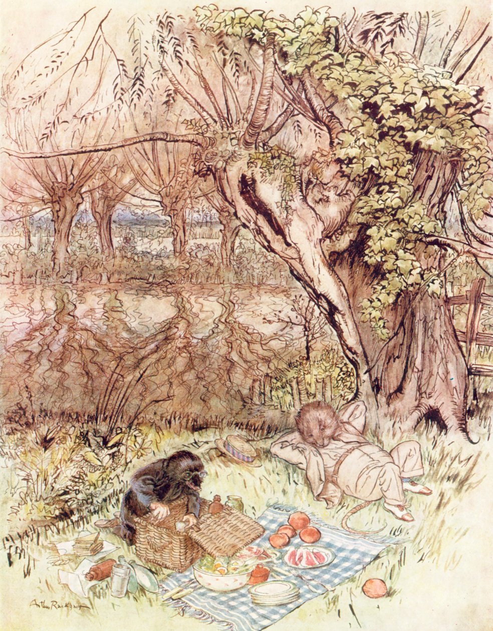 Illustrasjon til Vinden i piletreet av Kenneth Grahame (fargelitografi) av Arthur (after) Rackham
