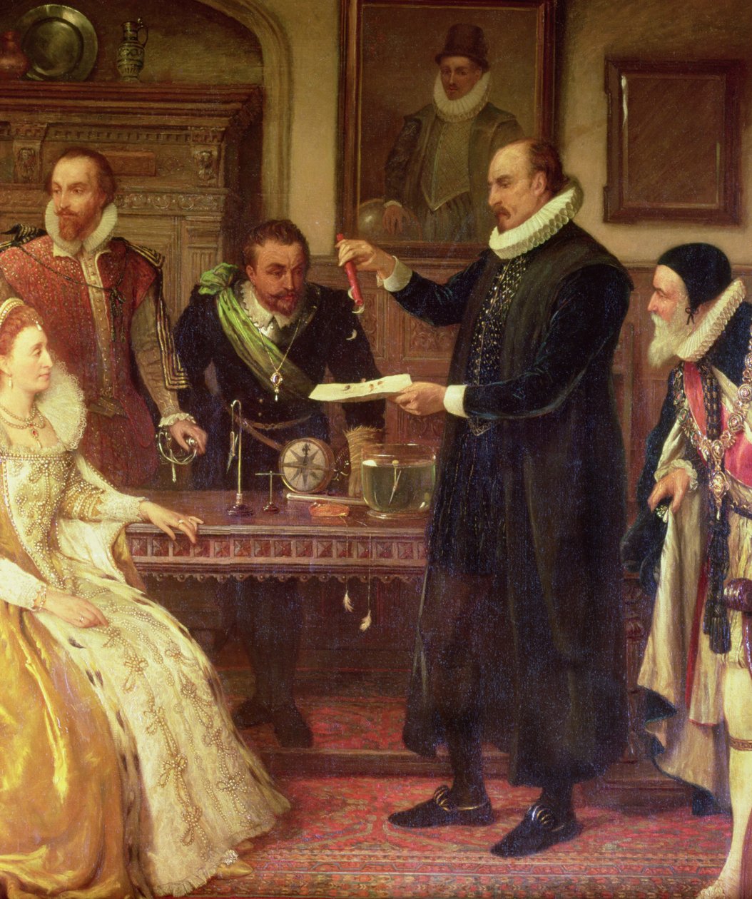 Dr William Gilbert 1544-1603 viser sitt eksperiment på elektrisitet til dronning Elizabeth I og hennes hoff, detalj av Gilberd, olje på lerret fra 1800-tallet av Arthur Ackland Hunt
