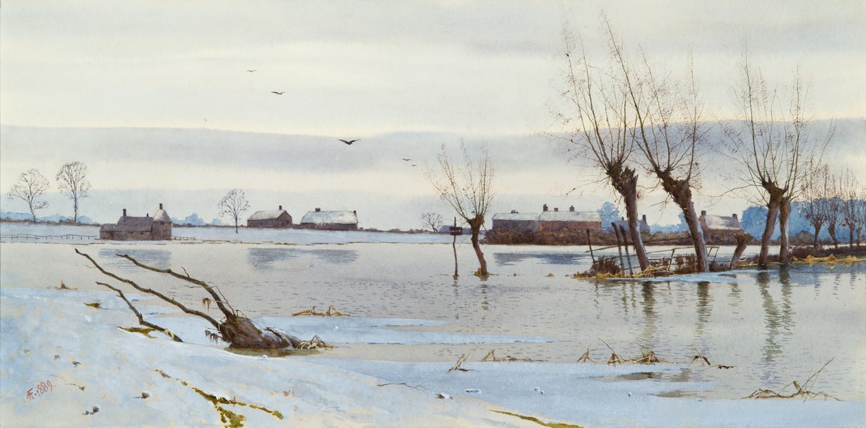 Vinterlandskap med oversvømt elv, 1889 (wc) av Arthur Anderson Fraser