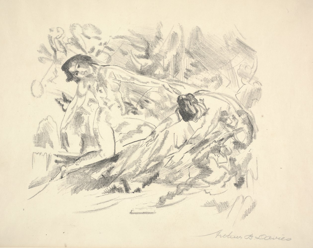 To kvinnelige figurer i et landskap (blyant på papir) av Arthur Bowen Davies