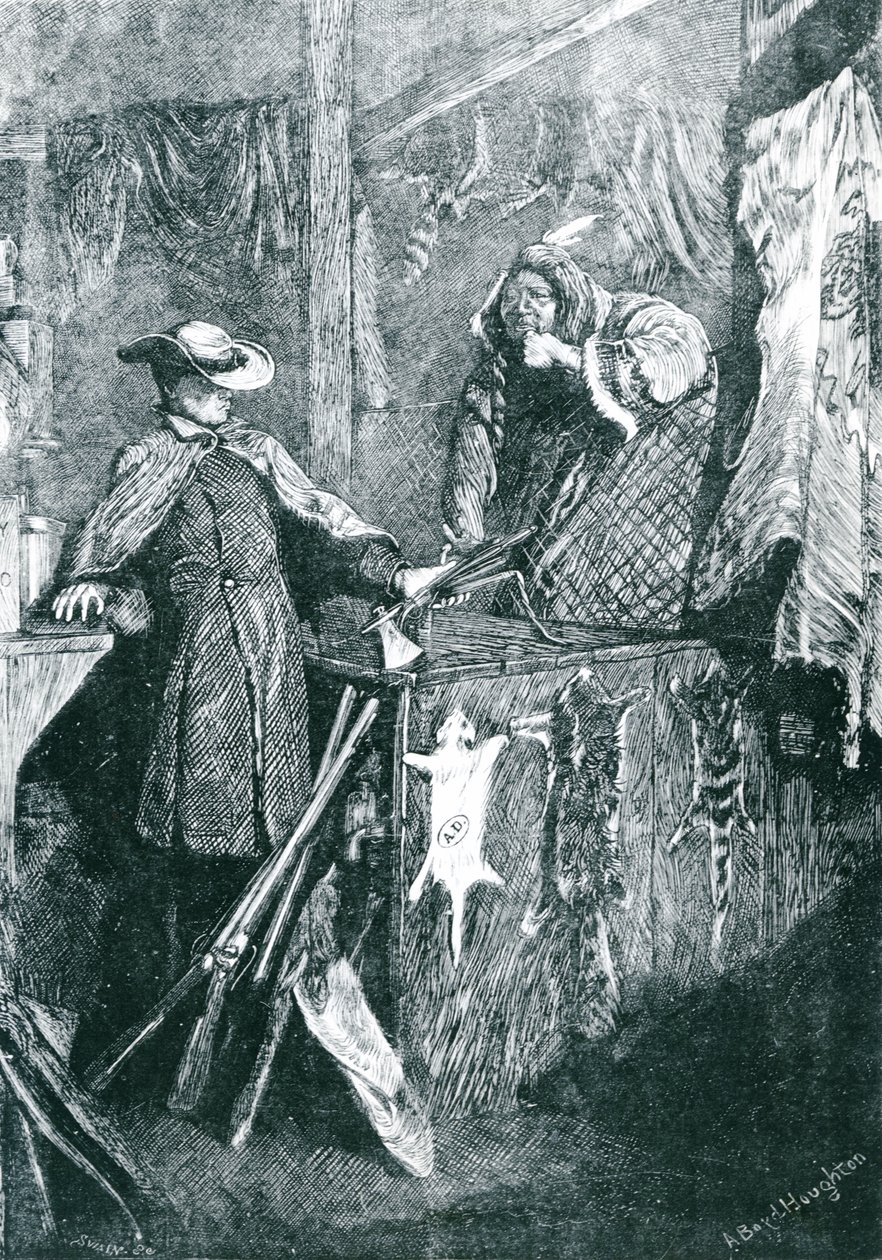 Byttehandel med indianerne i de vestlige delstatene i Amerika, gravert av Joseph Swain (1820-1909) 1871 av Arthur Boyd Houghton