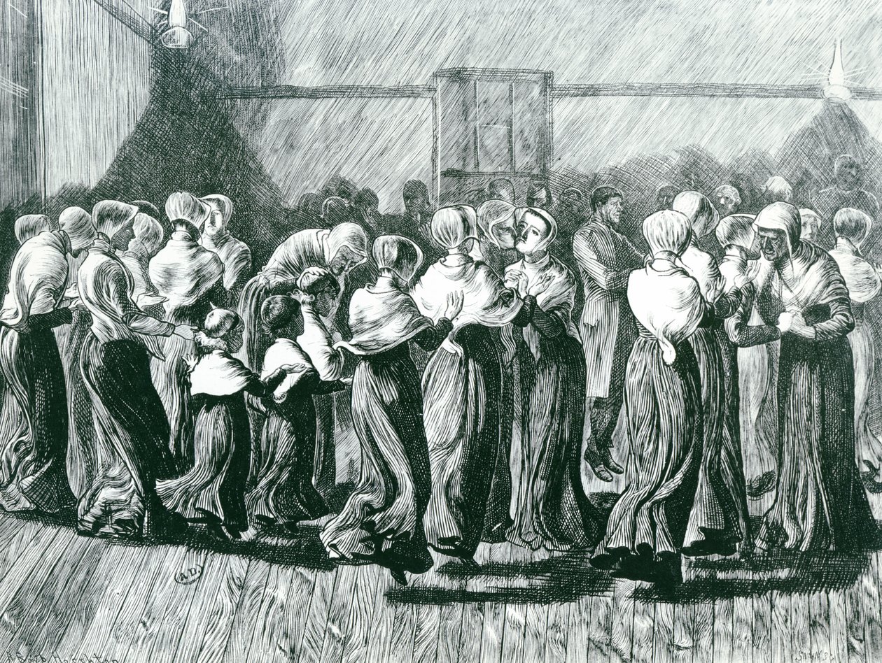 Shakers at a Meeting: the Religious Dance, illustrasjon fra The Graphic, publisert 14. mai 1870 av Arthur Boyd Houghton