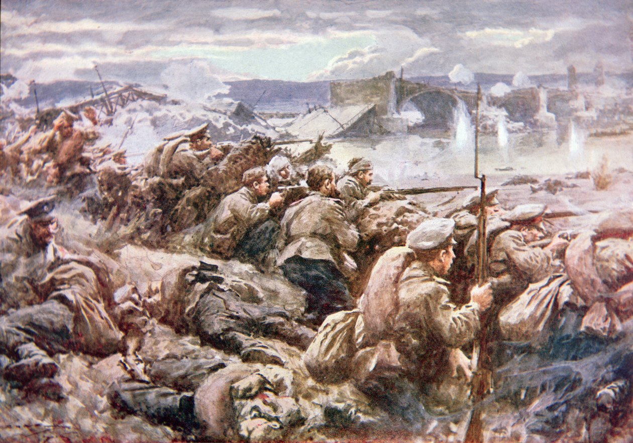 En heroisk russisk bakvaktaksjon i det store polske tilfluktsstedet (color litho) av Arthur C. (after) Michael