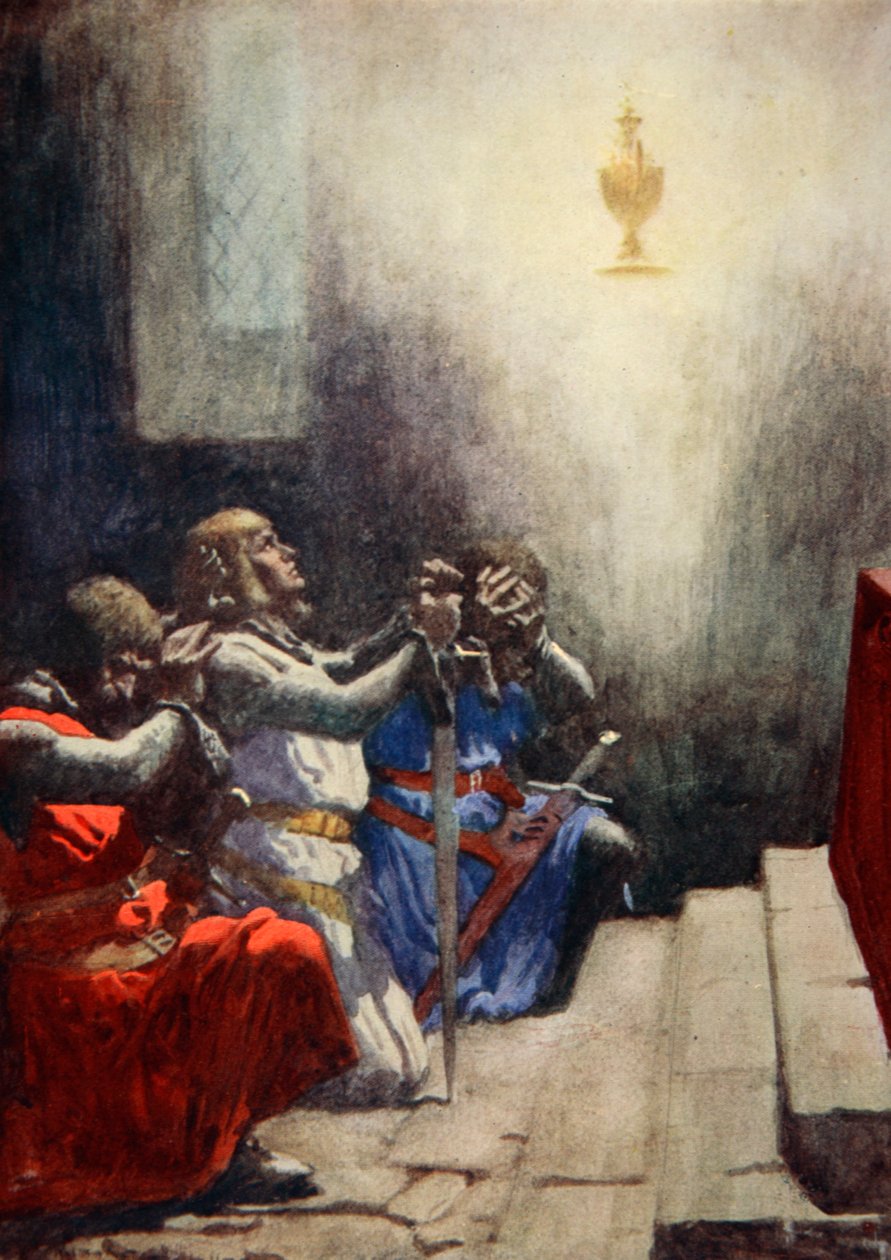 Galahad alene kunne se den perfekte skjønnheten til den hellige gral, ca. 1925 (farge litho) av Arthur C. (after) Michael