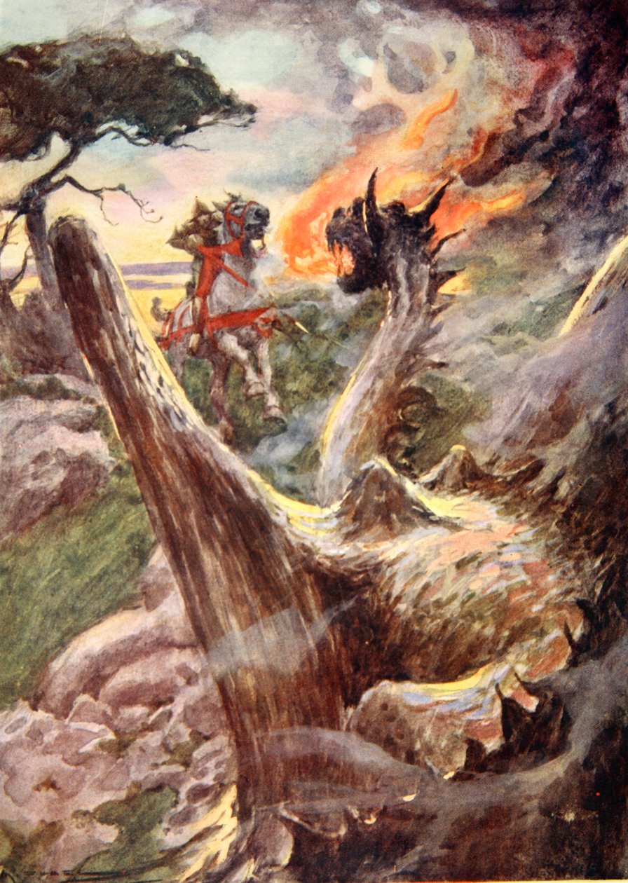 George and the Dragon, ca. 1925 (farge litho) av Arthur C. (after) Michael