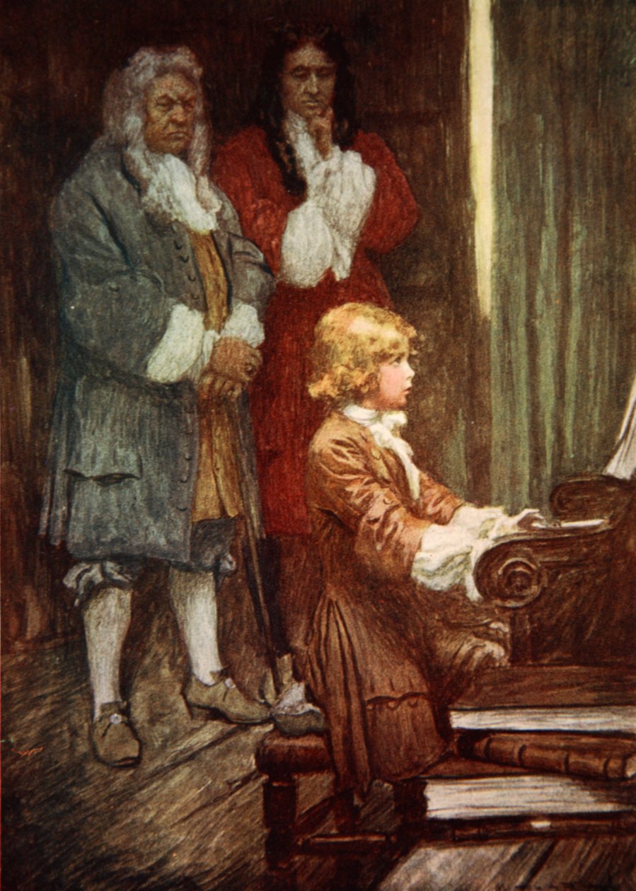 I stillhet ventet de mens Händel spilte (farge litho) av Arthur C. (after) Michael