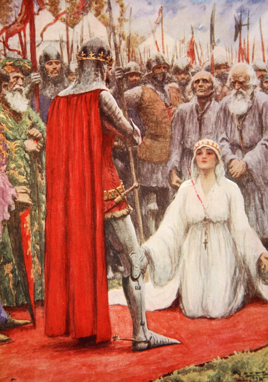 Kong Edward så ned i dronning Philippas bedende øyne (farge litho) av Arthur C. (after) Michael
