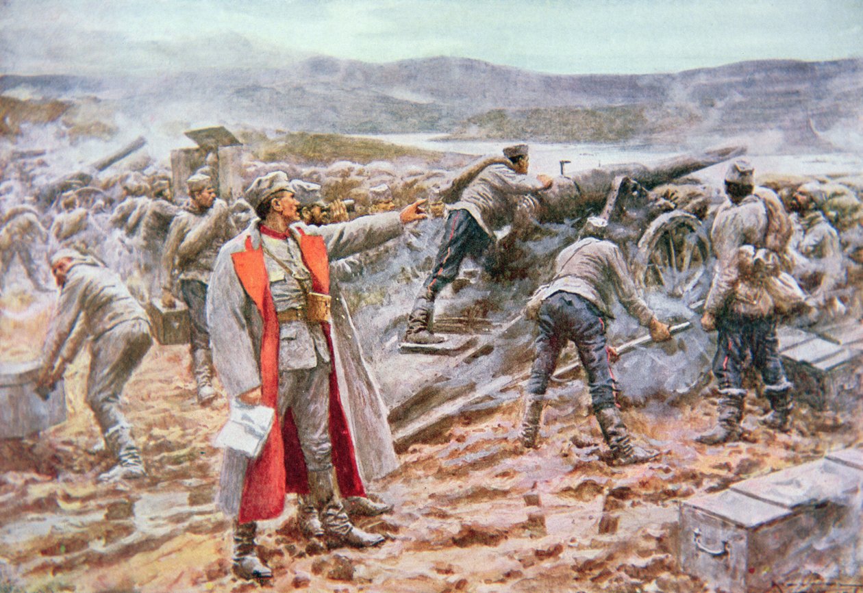 Serbisk artilleri i aksjon mot østerrikerne (farge litho) av Arthur C. (after) Michael