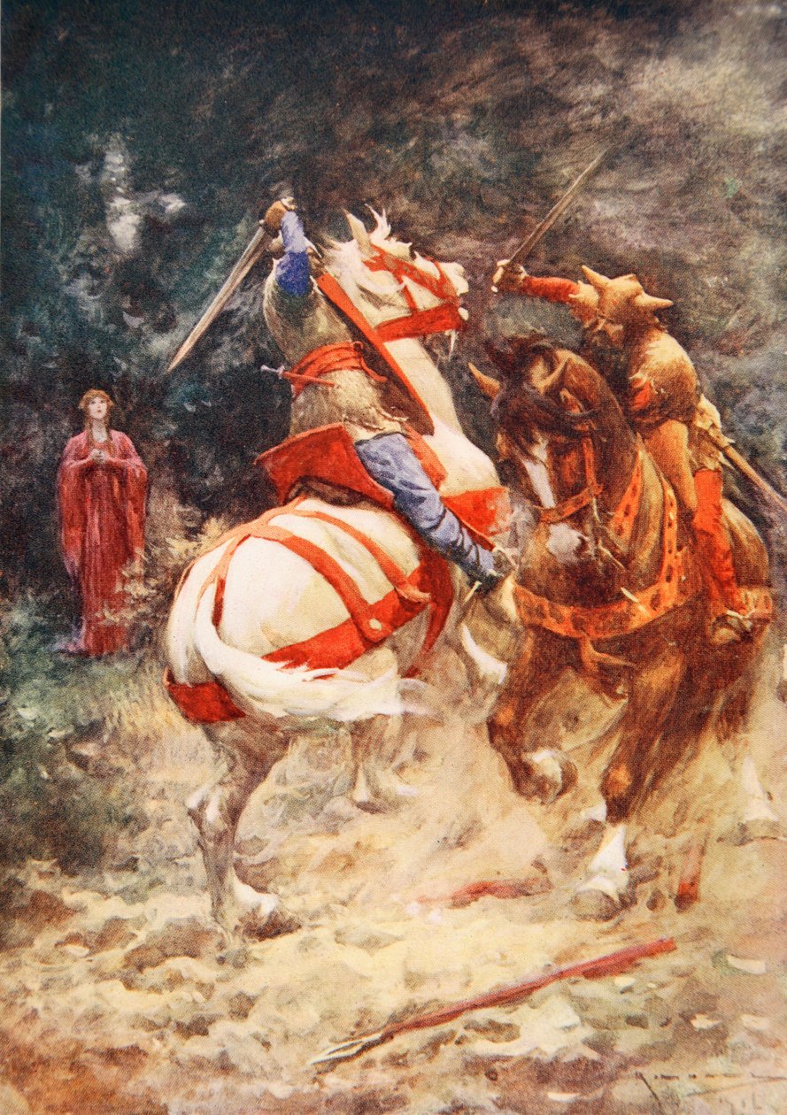 The Knight of the Swan (farge litho) av Arthur C. (after) Michael