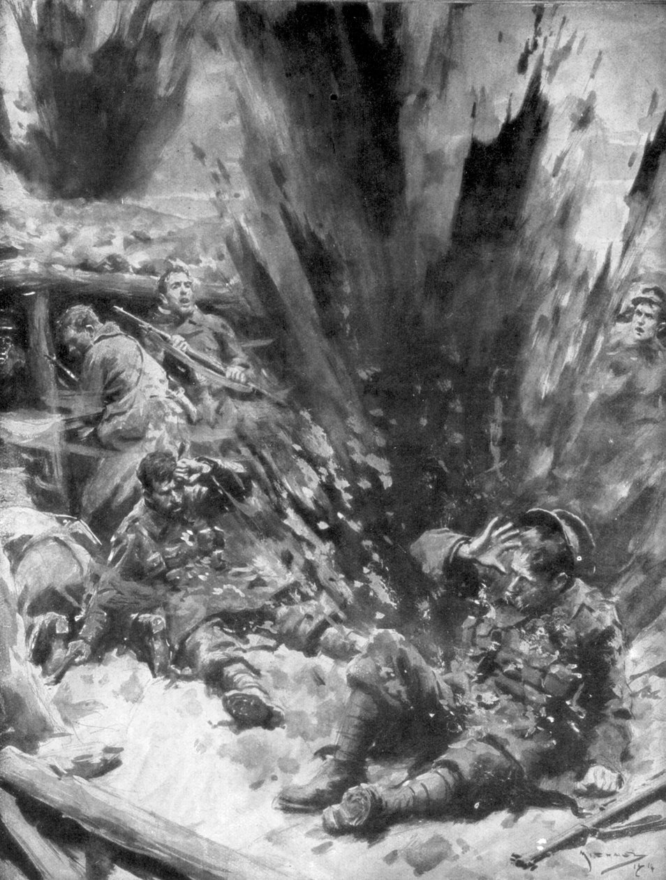 Et tysk skall eksploderer i en britisk grøft, 1914, 1926. av Arthur C. Michael