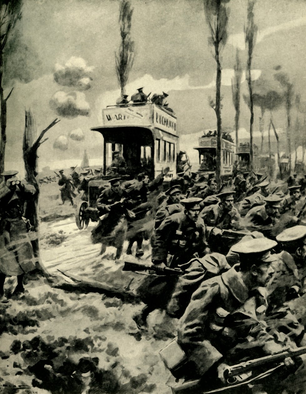 London-busser pleide å frakte tropper til fronten, første verdenskrig, 1914-1918, c1920. av Arthur C. Michael
