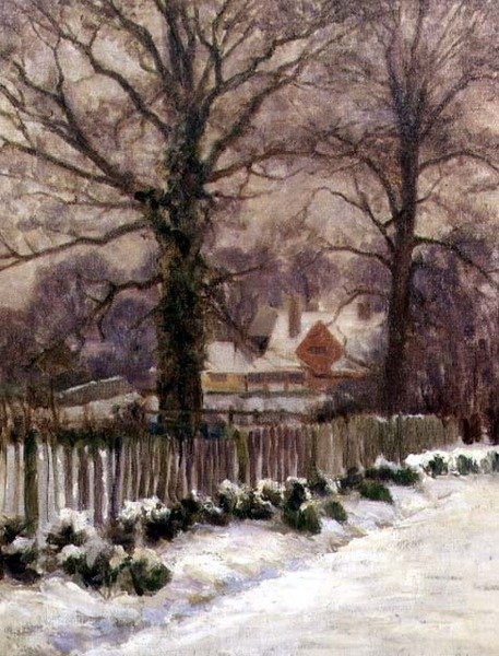 A Snow-Covered Lane, Radlett, Hertfordshire (olje på lerret) av Arthur Claude Cooke