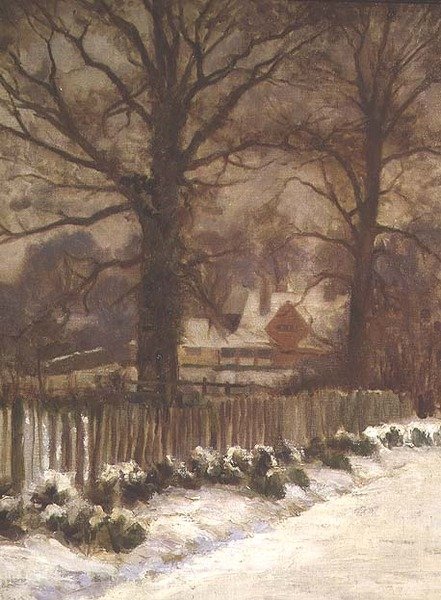 Elms in a Snowy Lane (olje på lerret) av Arthur Claude Cooke