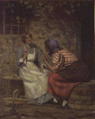 Skandale, to jenter som sladrer utenfor en hytte av Arthur Claude Cooke