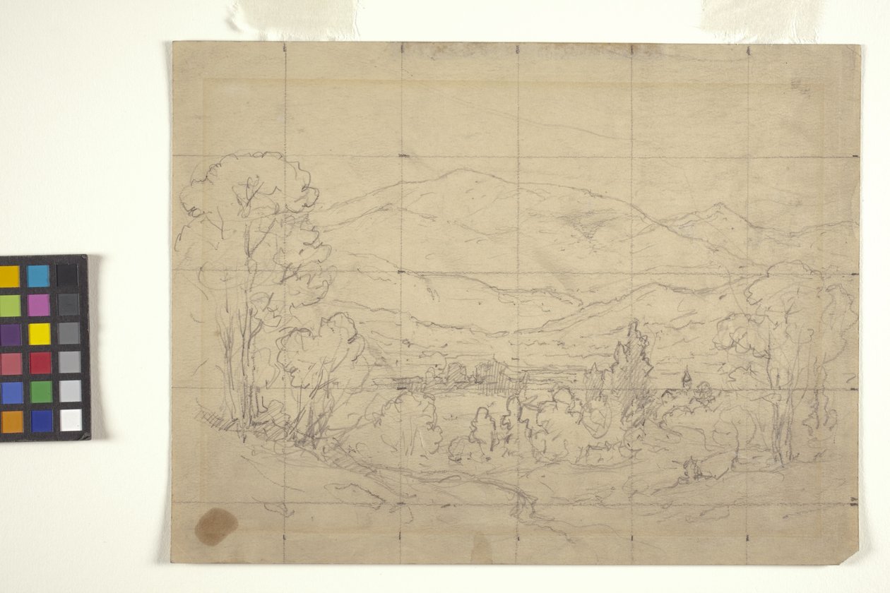 Studie for Mountainous Landscape (blyant på off-white papir firkantet for overføring) av Arthur Clifton Goodwin