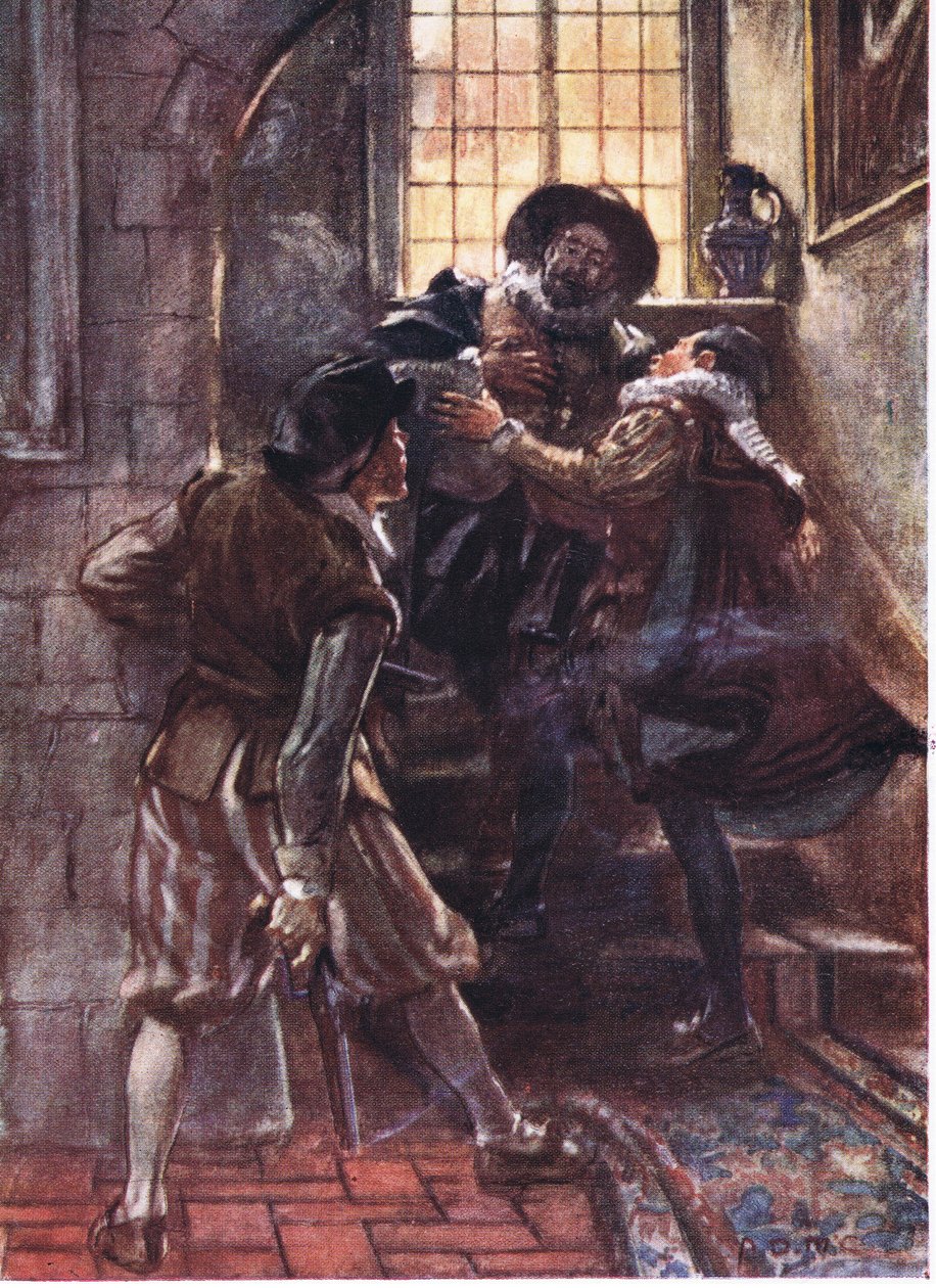 Da han falt, ropte prinsen: Å min Gud, ha nåde over min sjel, illustrasjon fra Romance of History: Nederland, 1920-tallet av Arthur David McCormick