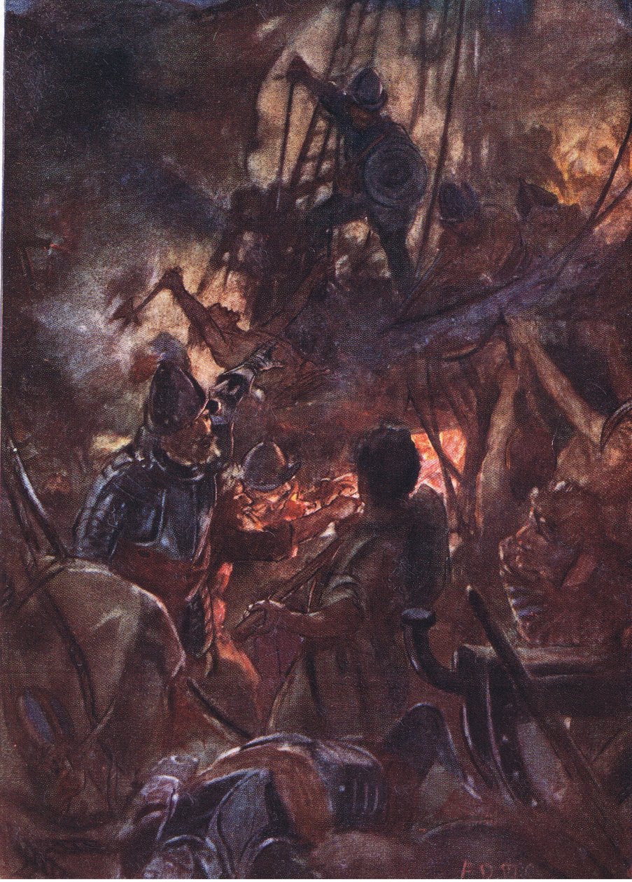 Kampen raste heftig og lang, illustrasjon fra Romance of History: The Netherlands, 1920-tallet av Arthur David McCormick