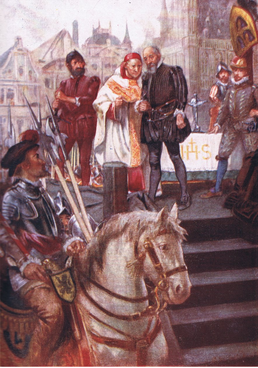 I midten av plassen var det reist et stillas, illustrasjon fra Romance of History: Nederland, 1920-tallet av Arthur David McCormick