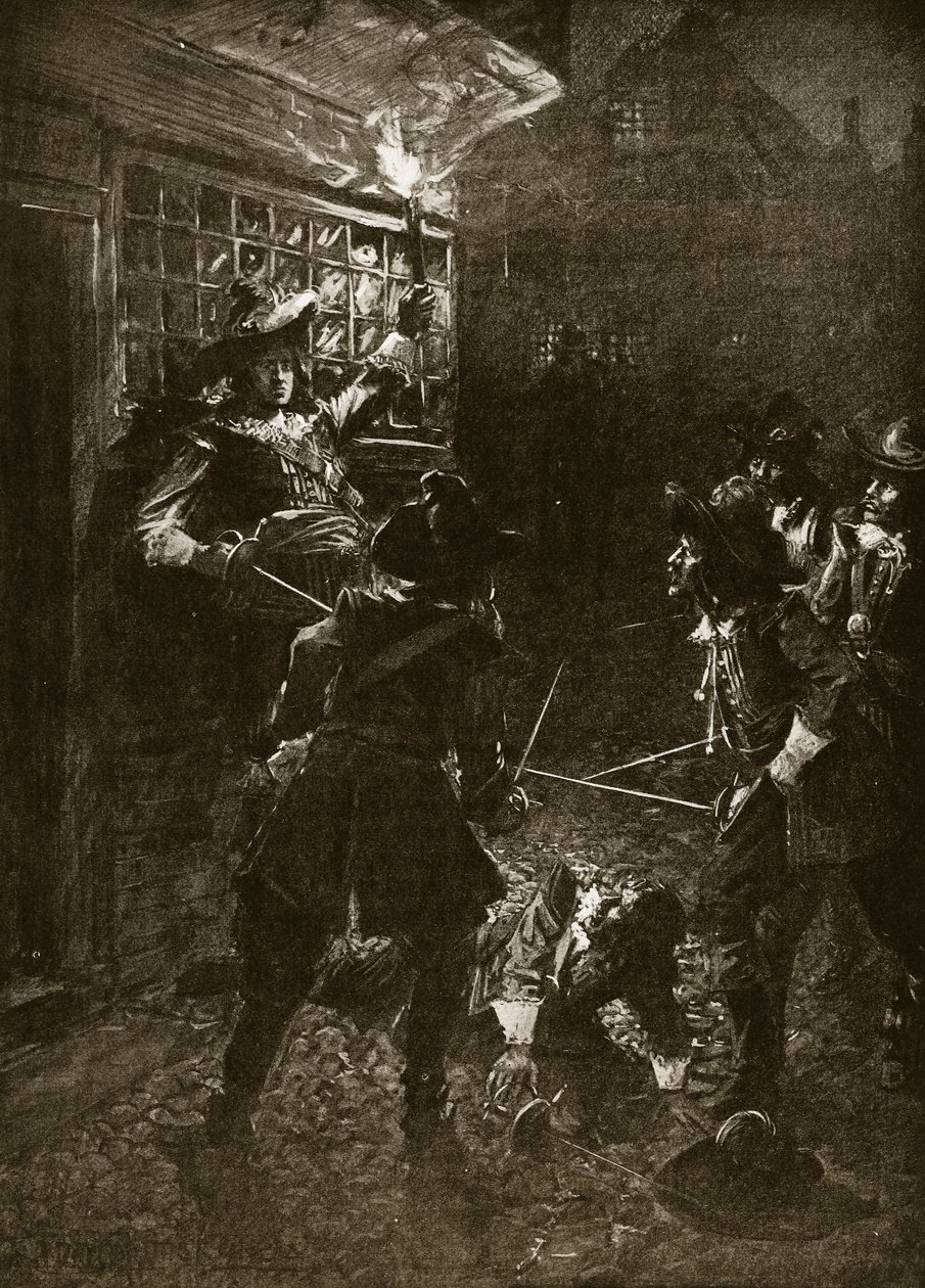 Kong Charles IIs støttespillere angriper Sir John Coventry, 1670, illustrasjon fra Hutchinsons 'Story of the British Nation', ca. 1920 av Arthur David McCormick