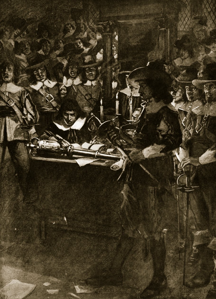 Strafford leverer sverdet sitt i Underhuset, illustrasjon fra Hutchinsons 'Story of the British Nation', ca. 1920 av Arthur David McCormick