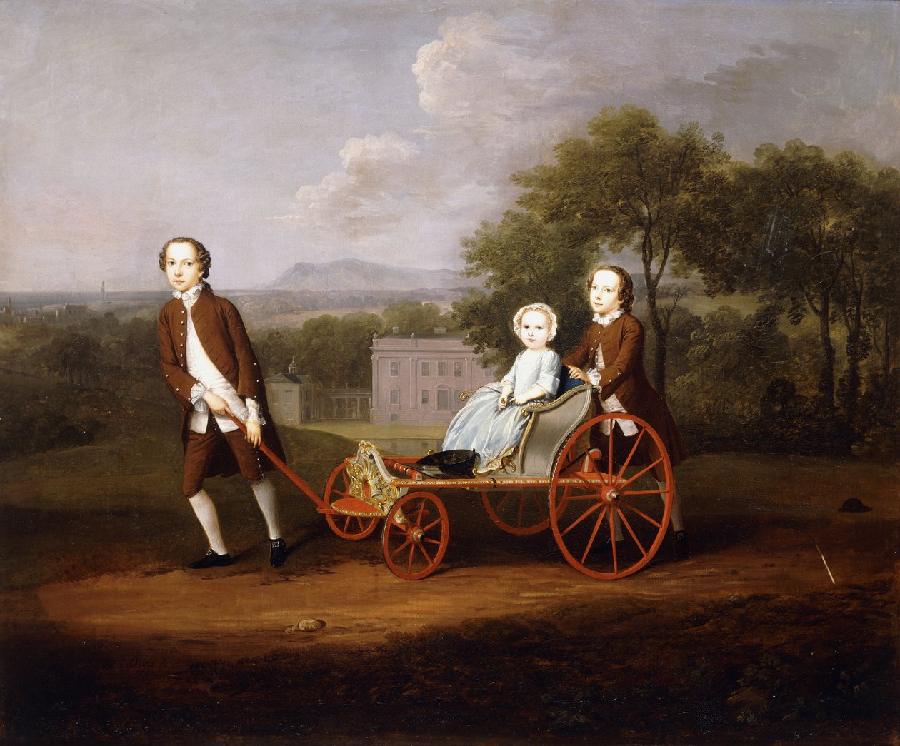 Et gruppeportrett av tre av barna til Peter og Mary Du Cane, alle små i full lengde, leker med en forseggjort hundevogn, på eiendommen til et landsted, 1747 av Arthur Devis