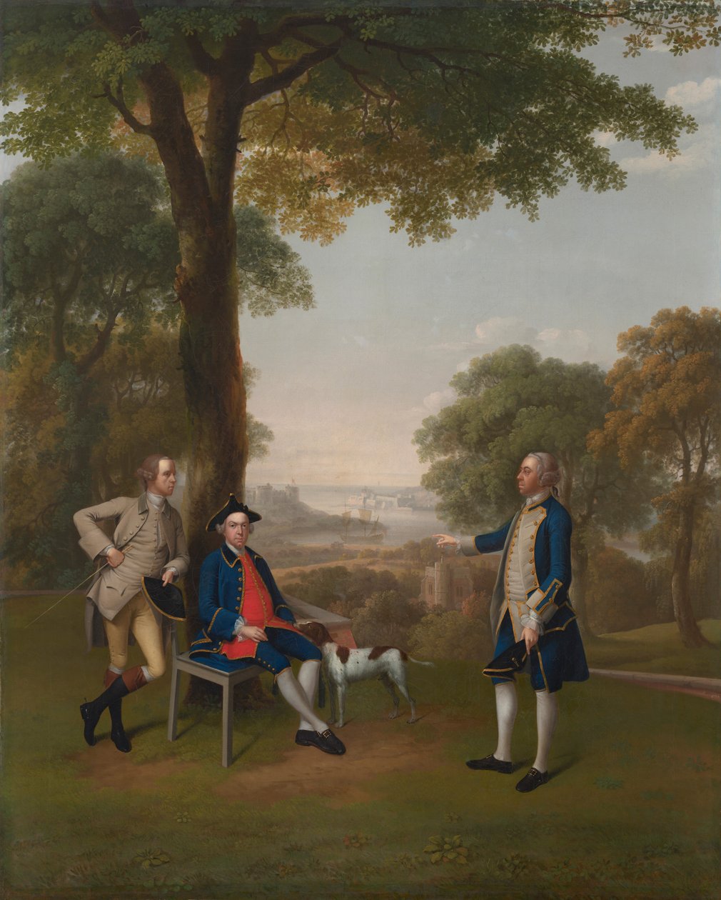 Arthur Holdsworth i samtale med Thomas Taylor og kaptein Stancombe ved elven Dart av Arthur Devis