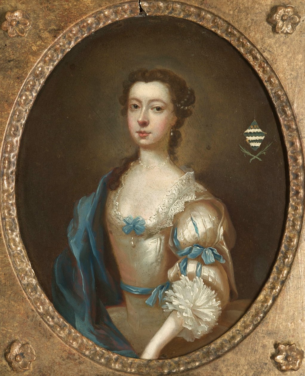 Ett av et par portretter av to søstre fra Moult-familien i Nottinghamshire (olje på kobber) (se også 328883) av Arthur Devis