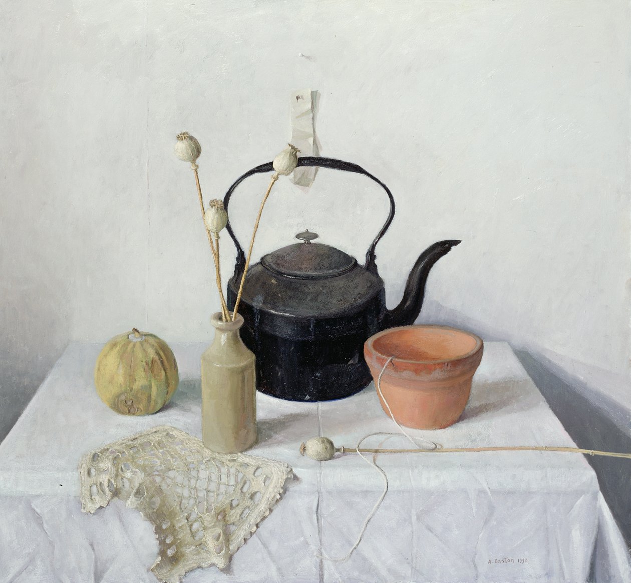 Kettle, Poppyheads and Gourd, Still Life, 1990 av Arthur Easton
