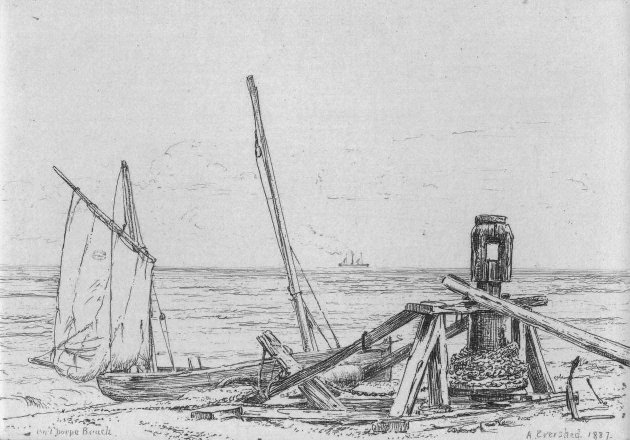 'På Thorpe Beach', 1887. av Arthur Evershed