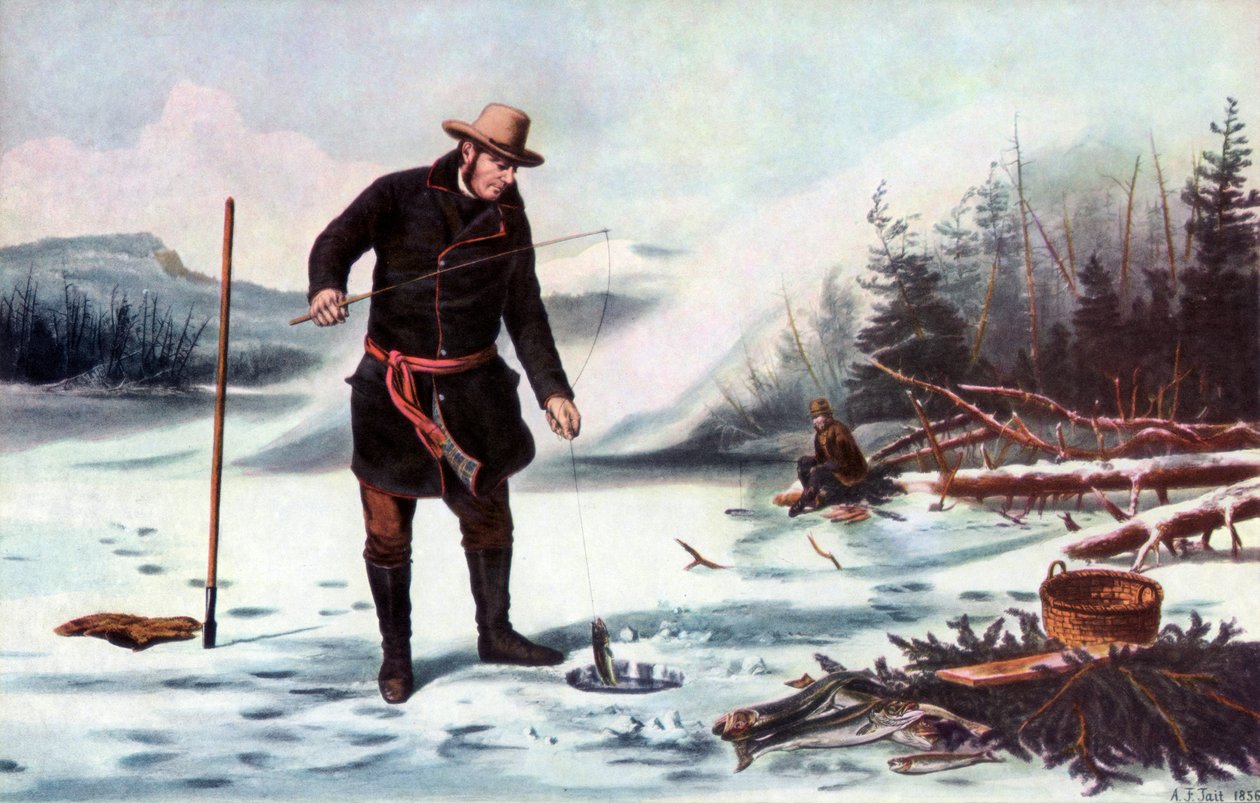 Ørretfiske på Chateaugay Lake, amerikansk vintersport, 1856. av Arthur Fitzwilliam Tait