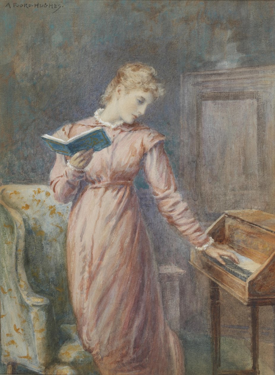 En dame som leser mens hun spiller spinet. av Arthur Foord Hughes