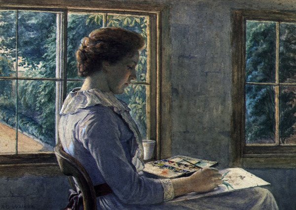 Kvinnemaleri (akvarell på papir) av Arthur George Walker