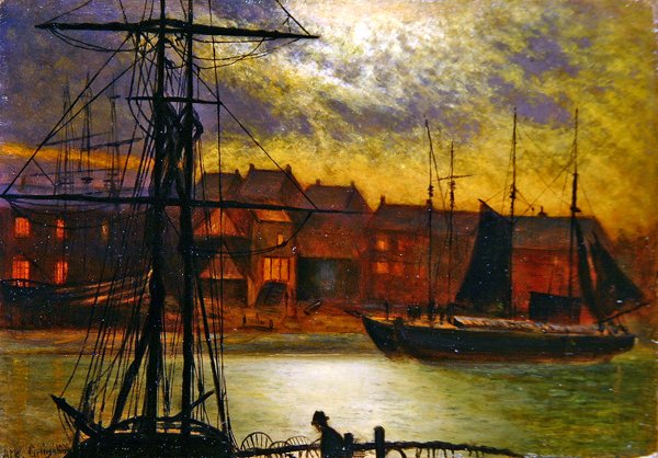 Båter i Whitby Harbor (olje på lerret) av Arthur Grimshaw