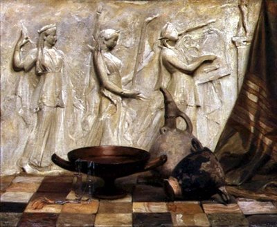 En Skyphos, en Kylix, en vinkanne og et egyptisk halskjede av en gresk frise (olje på lerret) av Arthur Hacker
