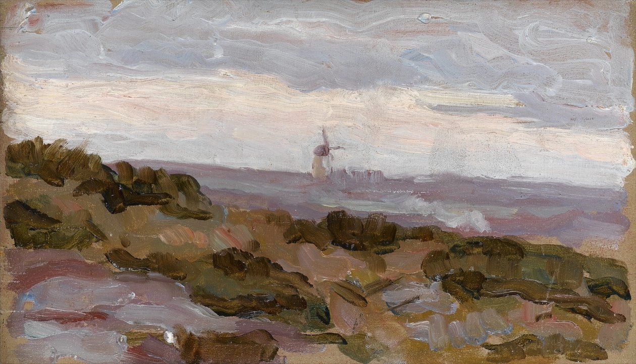 Landskapsstudie med vindmølle i horisonten, ca.1900 av Arthur Haythorne Studd