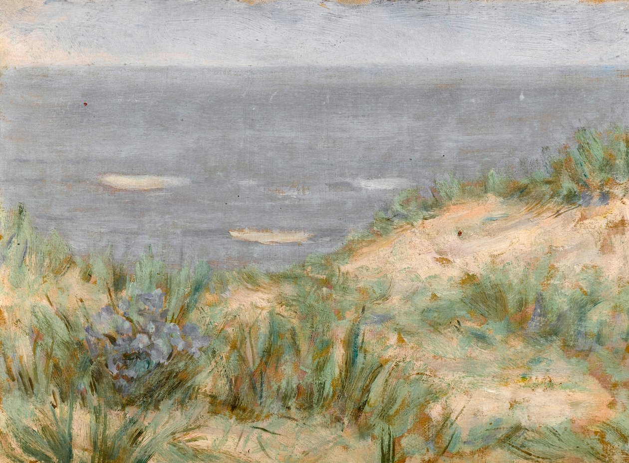 Havutsikt med sanddyner, blomstrende sjøgress, ca. 1900 av Arthur Haythorne Studd