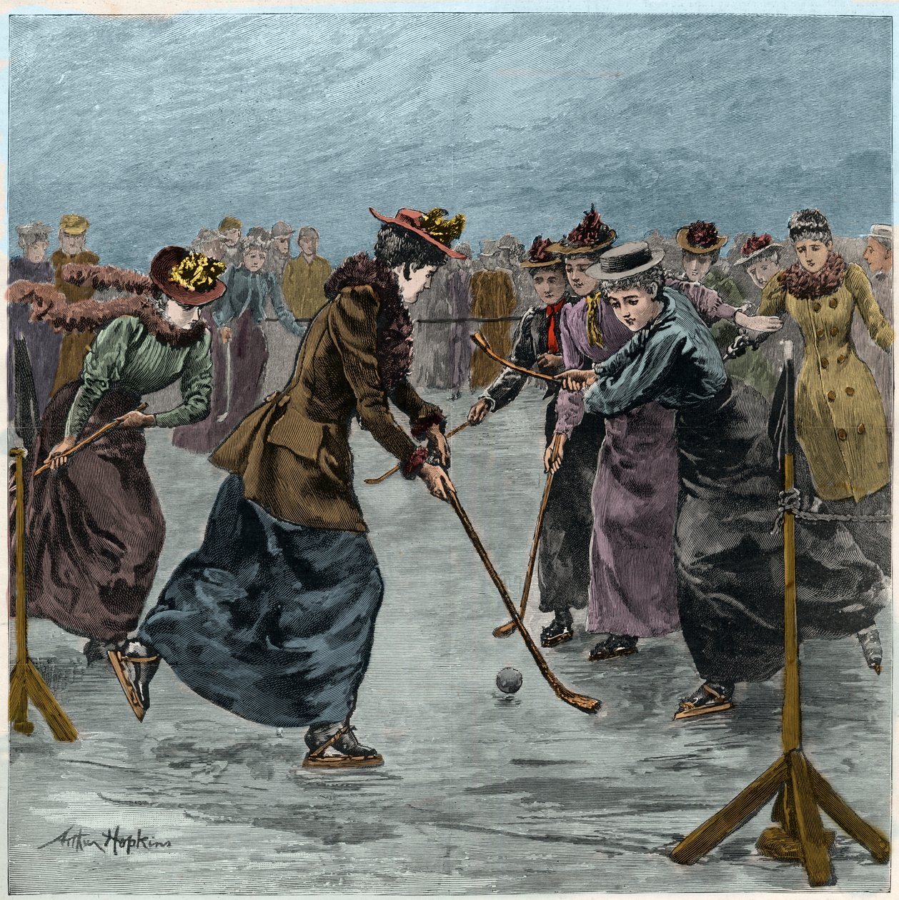Ishockey: en damekamp på sjøen i Wimbledon Park. (senere fargelegging). av Arthur Hopkins