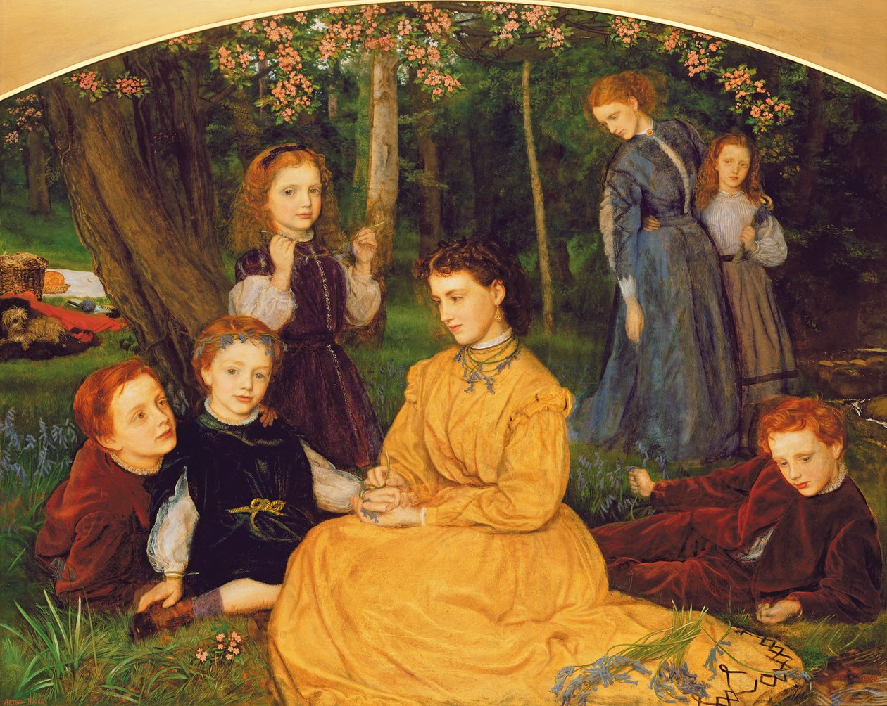 En bursdagspiknik - Portretter av barna til W.W. Pattinson, Esq. av Felling, nær Gateshead, 1866-67 av Arthur Hughes