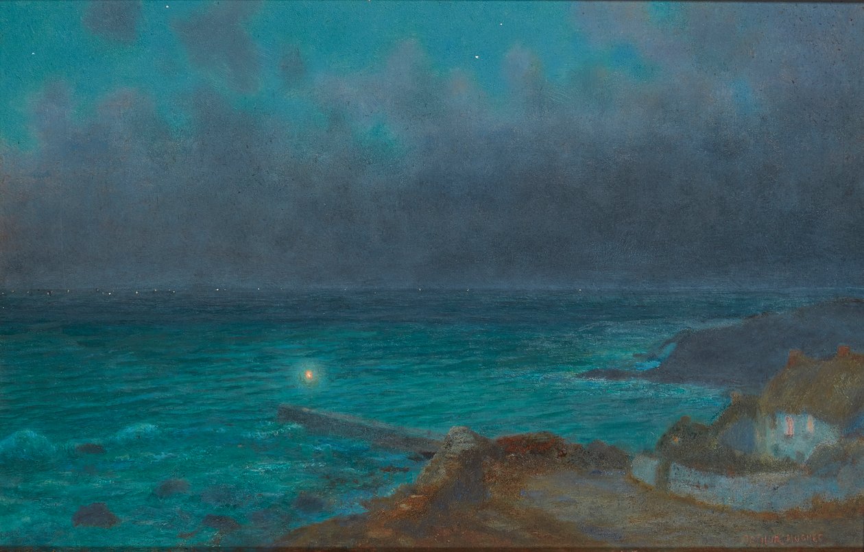 A Safe Haven, Cornwall (olje om bord) av Arthur Hughes
