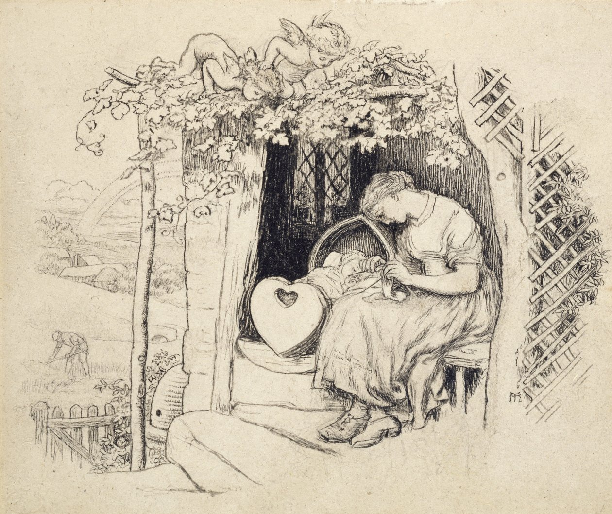 By the Cradle (penn og indisk blekk over grafitt) av Arthur Hughes