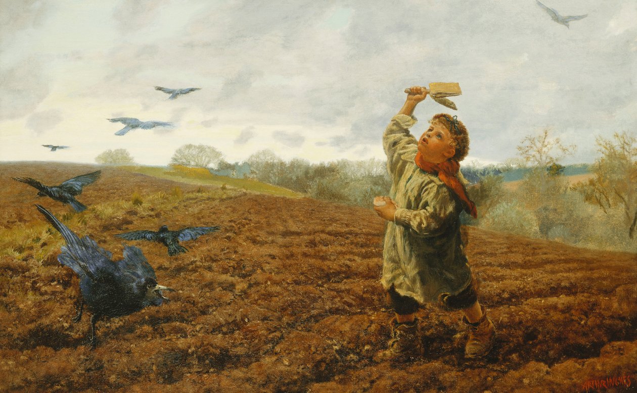 Kråkeskremmeren; "Duer og kråker, ta vare på tærne dine", 1884 av Arthur Hughes