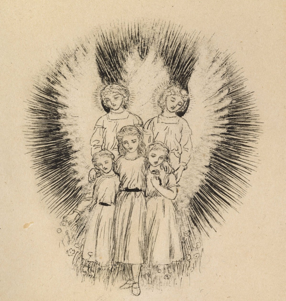 Tre små barn på den brede jorden (penn og svart blekk på off-white papir) av Arthur Hughes