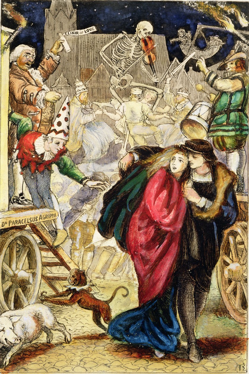 Vanity Fair, ca. 1872 (svart blekk og akvarell om bord) av Arthur Hughes