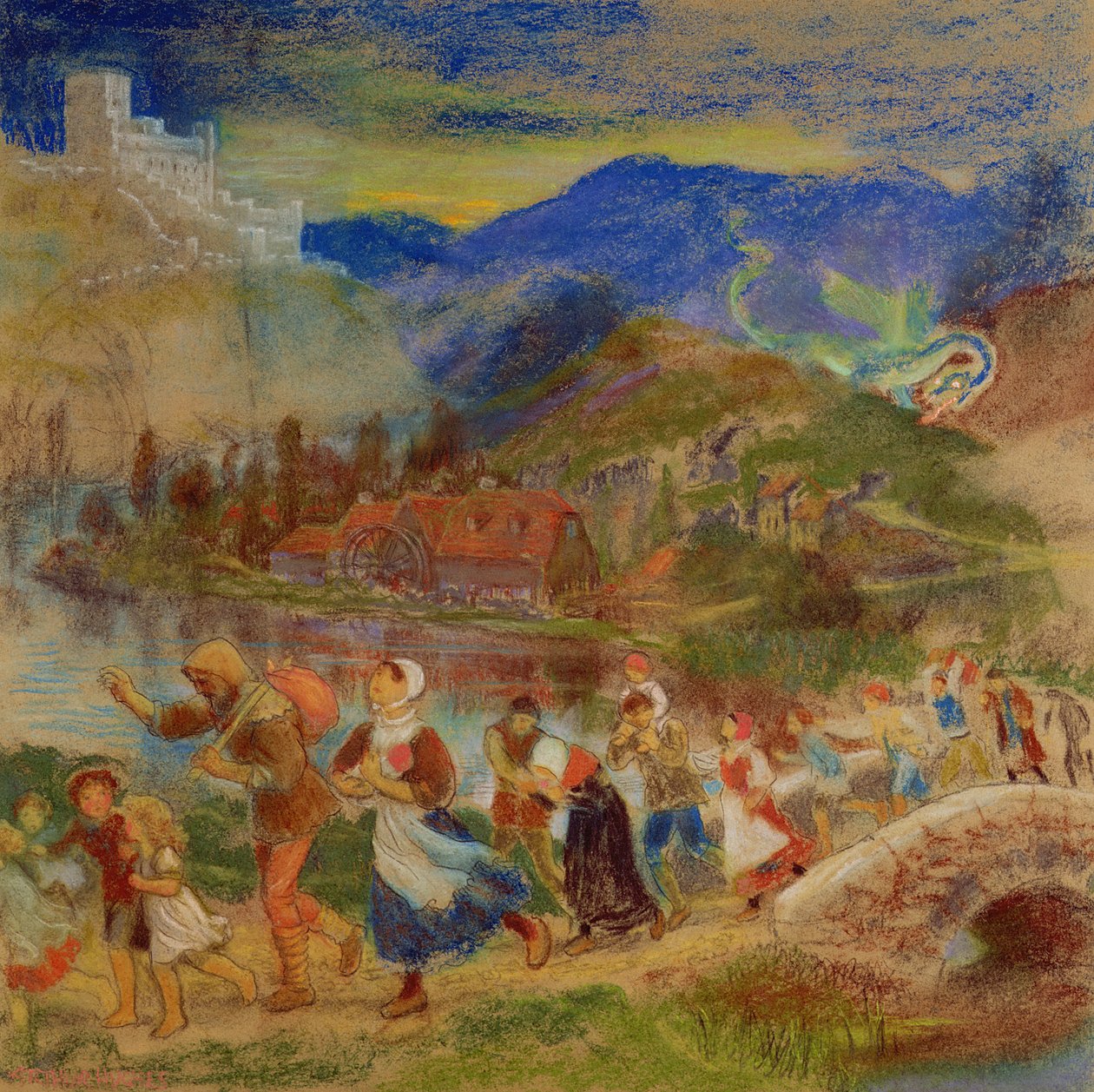 Landsbyboere som flykter fra en drage av Arthur Hughes