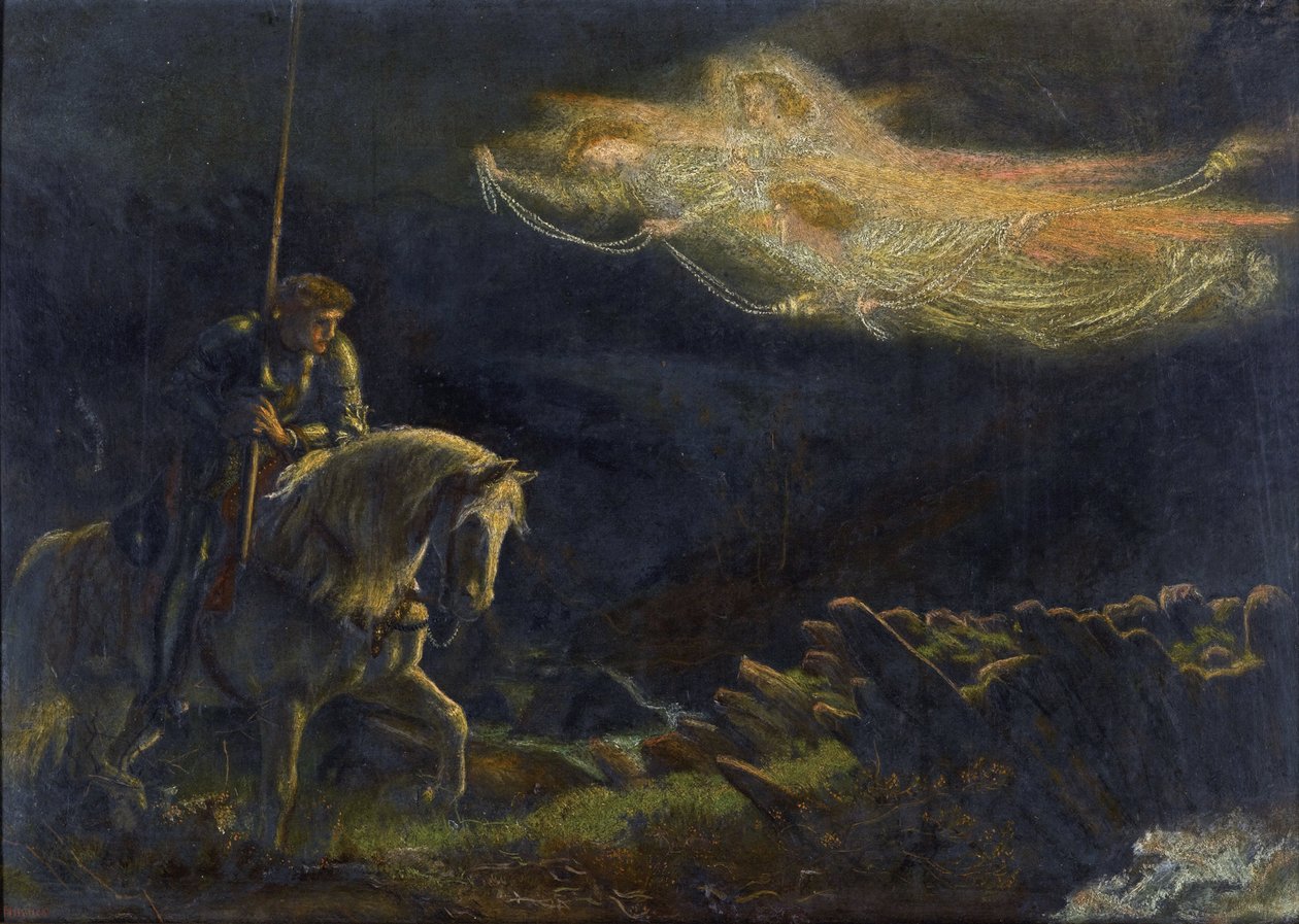 Sir Galahad. La Quete du Saint Graal Sir Galahad. The Quest for the Holy Grail av Arthur Hughes (1832-1915) - Olje på tre, 30,5x43 - Privat samling av Arthur Hugues