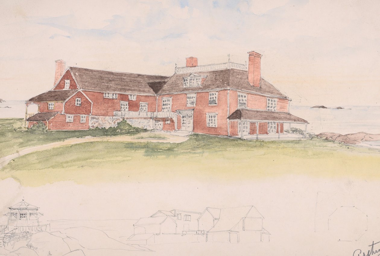 Trehus nær vannet kanskje en tidlig idé for Cliffs, Manchester, Mass..., ca. 1879. av Arthur Little