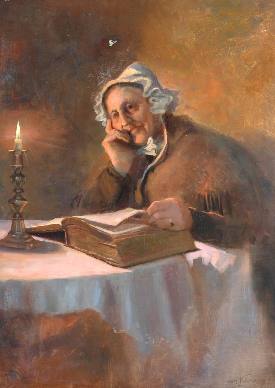 Portrett av en gammel kvinne som leser Bibelen ved levende lys, 1896 av Arthur Netherwood