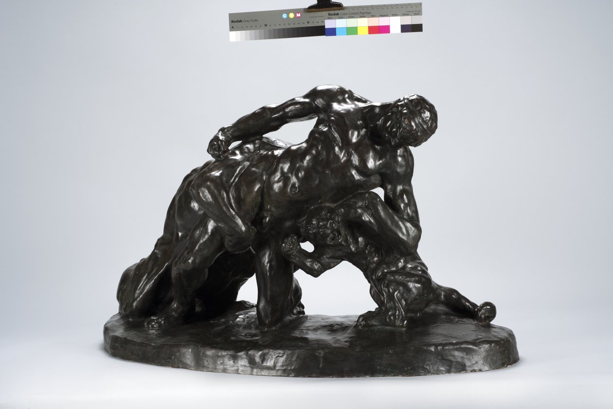 Mann låst i kamp med Lioness Cub (bronse) av Arthur Putnam
