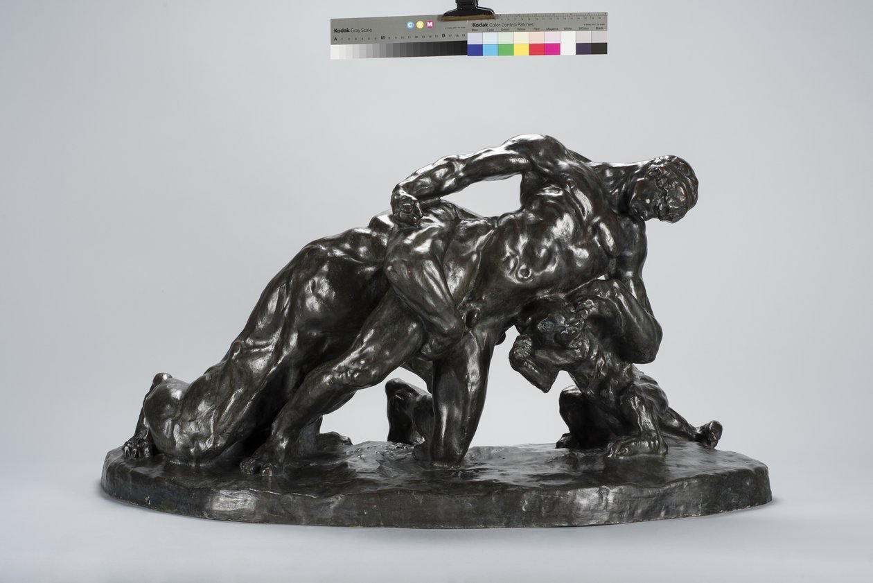 Mann låst i kamp med Lioness Cub (bronse) av Arthur Putnam