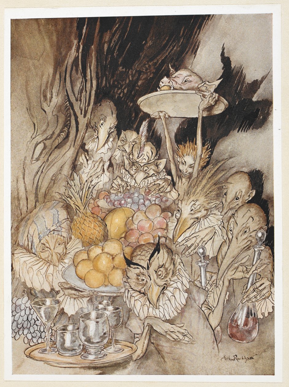 ACT III: Scene III, linje 19 Gå inn i flere merkelige former, bring inn en bankett ... invitere kongen osv. til å spise. av Arthur Rackham